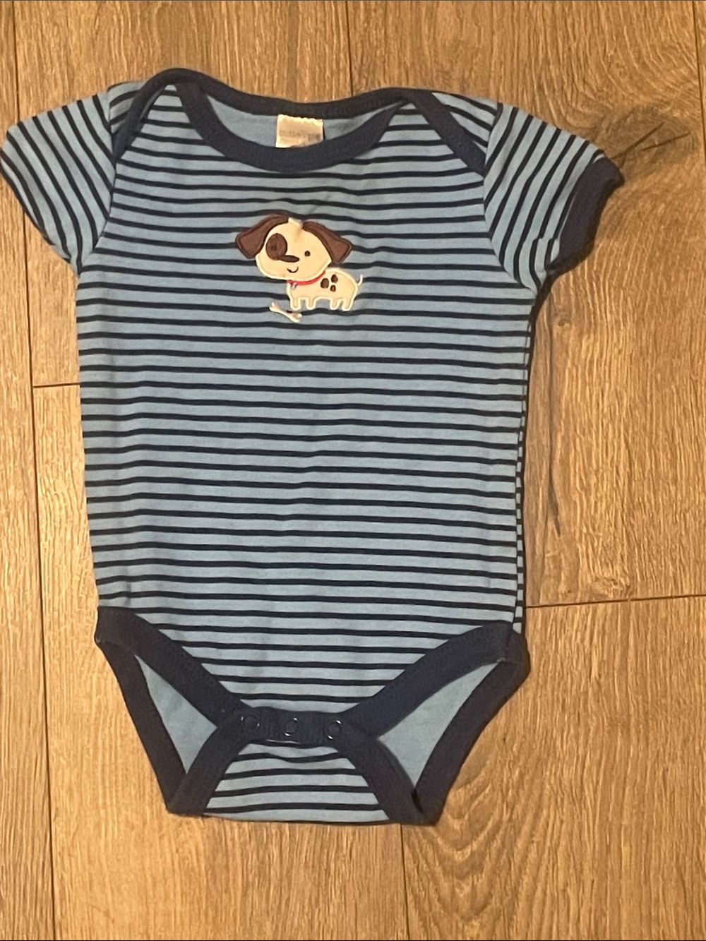Size 6-9 months Striped Blue Puppy Short-Sleeve One-Piece Bodysuit never worn